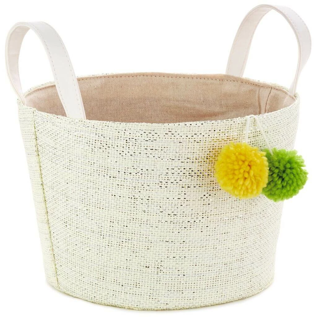 Hallmark White Woven Easter Basket With Pom Poms 1 Hallmark White Woven Easter Basket With Pom Poms